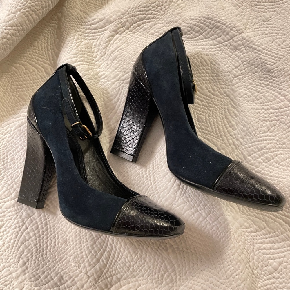 Tory Burch navy and black suede and leather embossed heels
